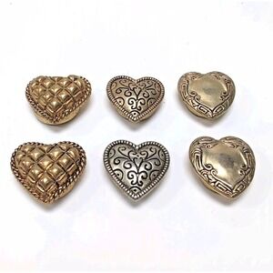 VTG Heart Button Covers Lot of 6 - 5 Gold Tone + 1 Silver Tone Filigree Quilted